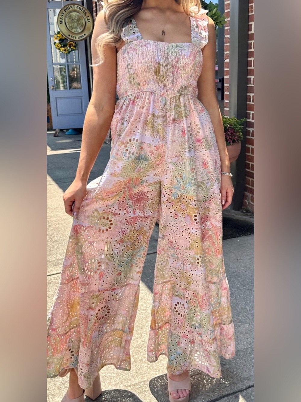 Klesis Smocked Eyelet Wide-Leg Jumpsuit in Pastel Floral